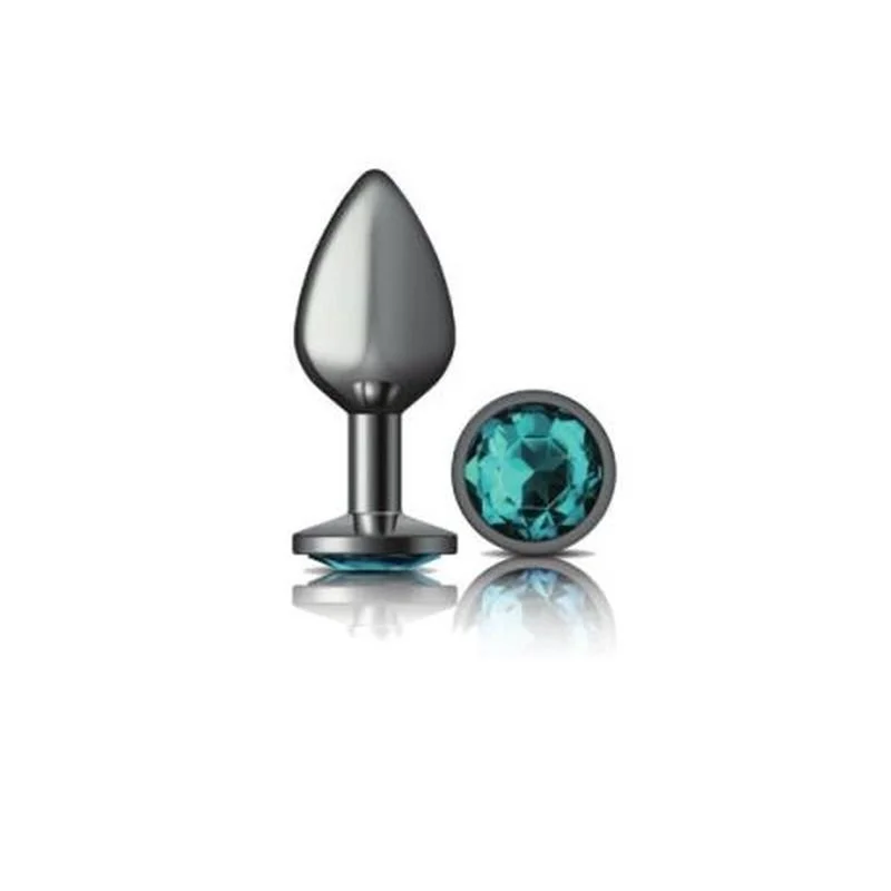 Cheeky Charms Round Butt Plug w Teal Jewel Medium - Gun Metal
