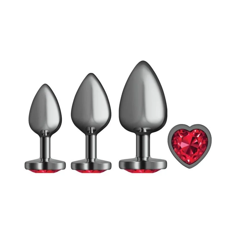 Cheeky Charms Round Metal Butt Plug Gunmetal 3 Pack Kit w Dark Red Heart Jewel - Gun Metal