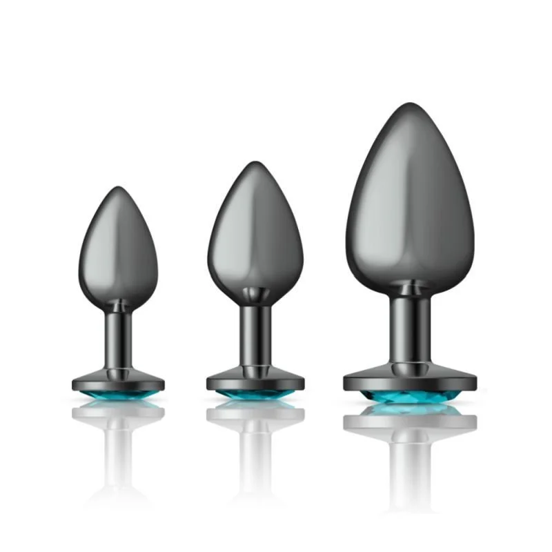 Cheeky Charms Round Metal Butt Plug Gunmetal 3 Pack Kit w Teal Jewel - Gun Metal