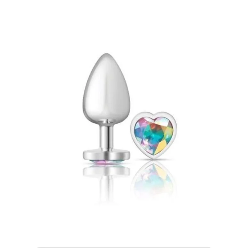 Cheeky Charms Silver Metal Butt Plug w Heart Clear Jewel Large - Silver