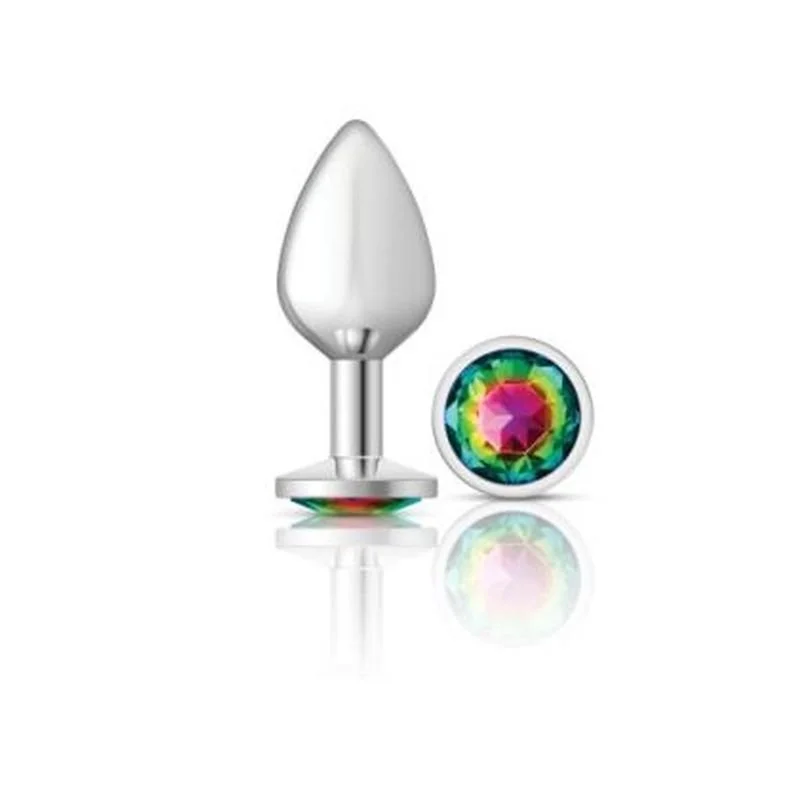 Cheeky Charms Silver Round Butt Plug w Rainbow Jewel Medium - Silver