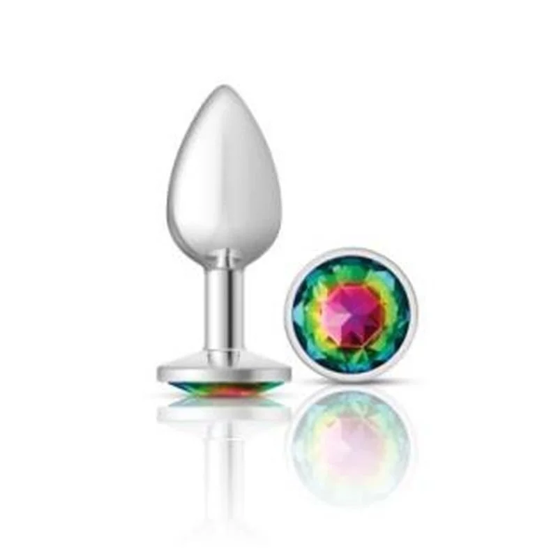 Cheeky Charms Silver Round Butt Plug w Rainbow Jewel Small - Silver