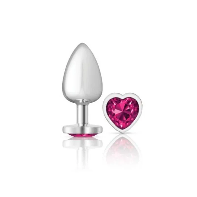 Cheeky Charms Silver Metal Butt Plug w Heart Pink Jewel Large - Silver