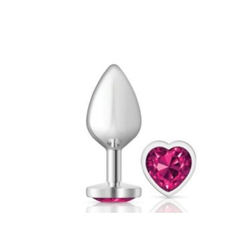 Cheeky Charms Silver Metal Butt Plug w Heart Pink Jewel Medium - Silver