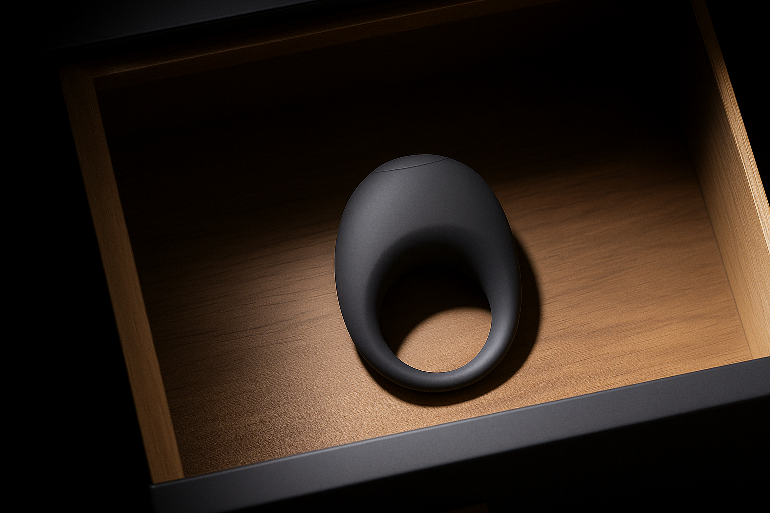 A modern, matte black, oval-shaped speaker placed on a wooden surface inside a display box.