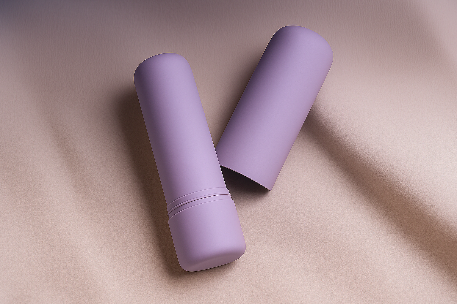 Light purple lipstick tube with cap removed, placed on a beige textured surface.