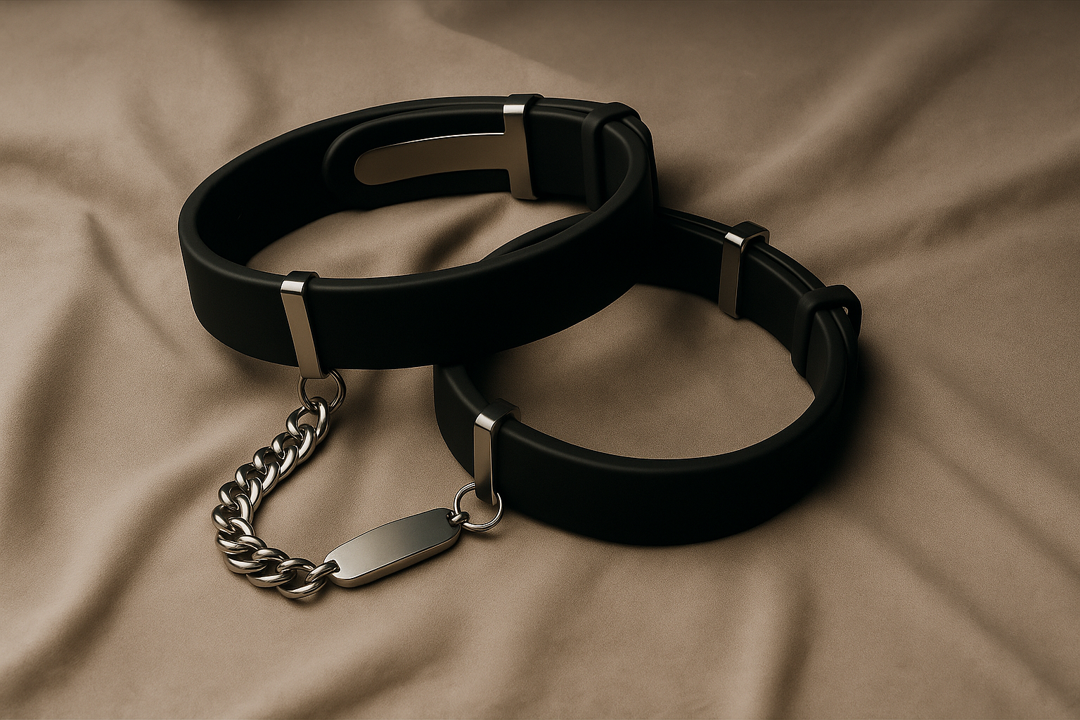 Black leather dog collar with a metal chain and tag, lying on beige fabric.