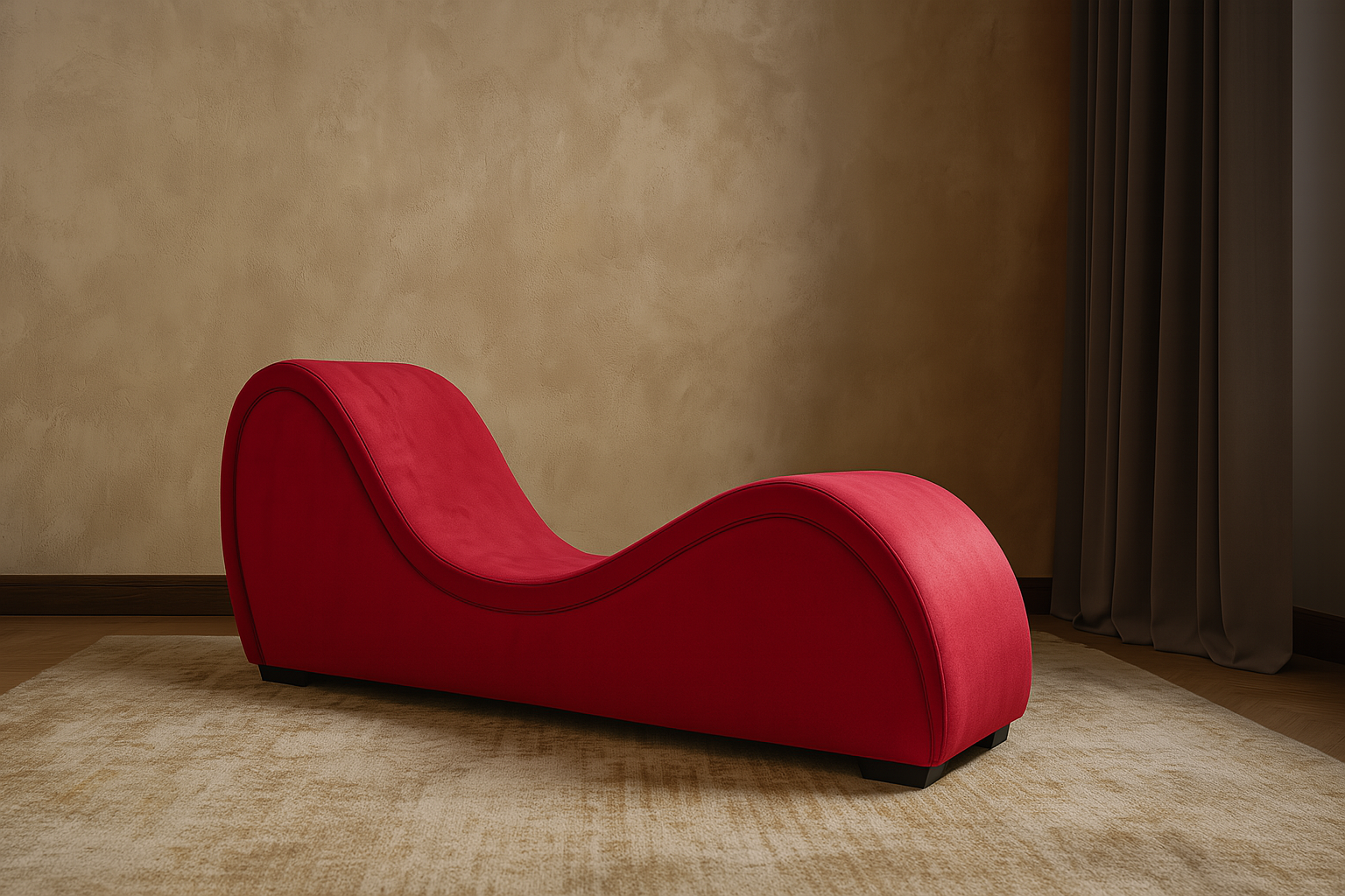 A modern red chaise lounge chair with a wavy design placed on a beige carpet in front of a beige textured wall, near a window with dark curtains.