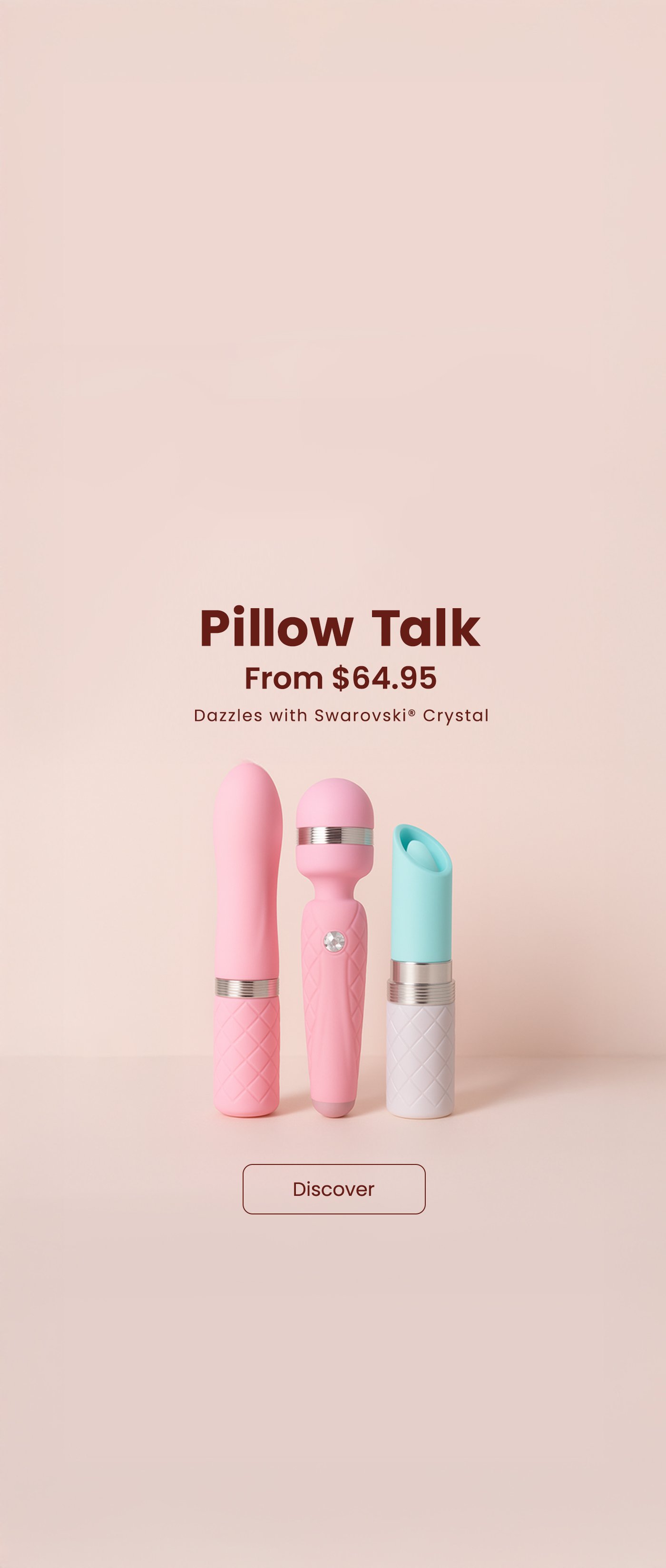 Advertisement for pillow vibrators with Swarovski crystals, featuring three pink and blue vibrating devices on a beige background.