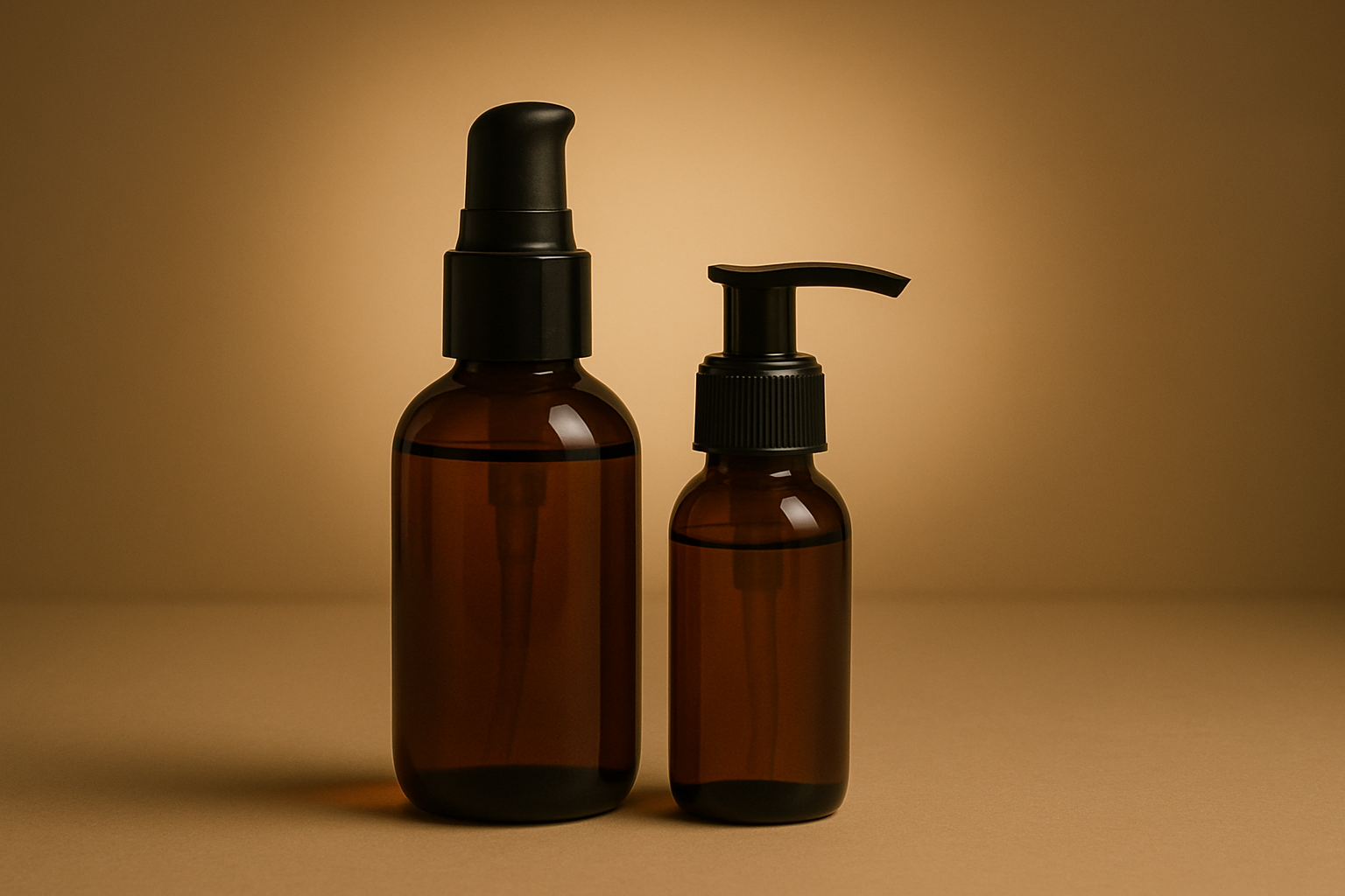 Two brown glass bottles with black caps, one with a spray pump and one with a pump dispenser, on a beige surface against a warm background.