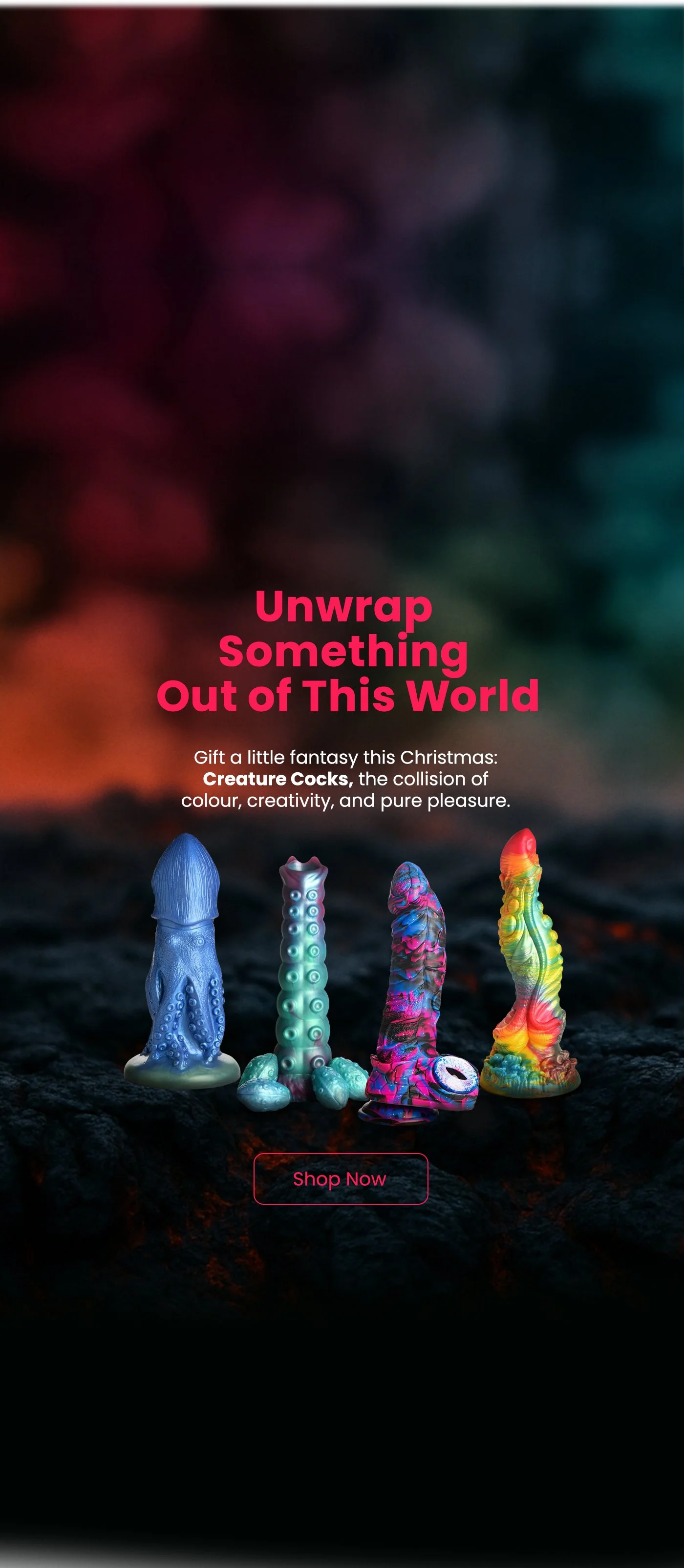 Colorful, fantasy-inspired creature-shaped objects resembling cocks with textured surfaces on a dark background.