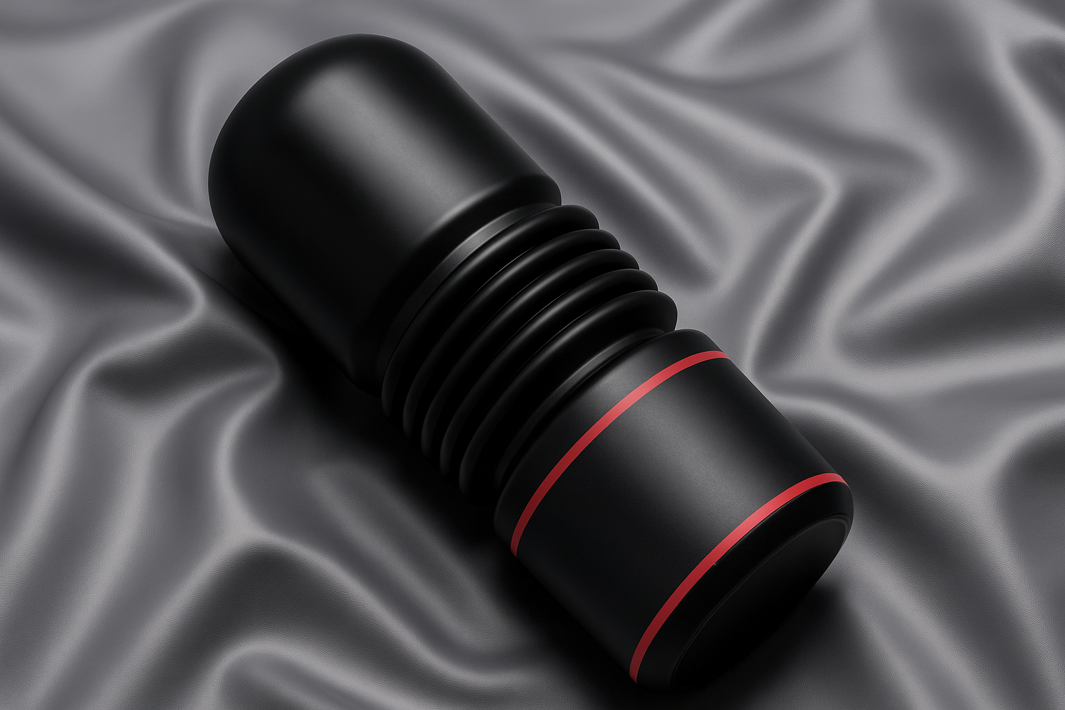 A black cylindrical object with red accents, resting on a smooth gray fabric surface.