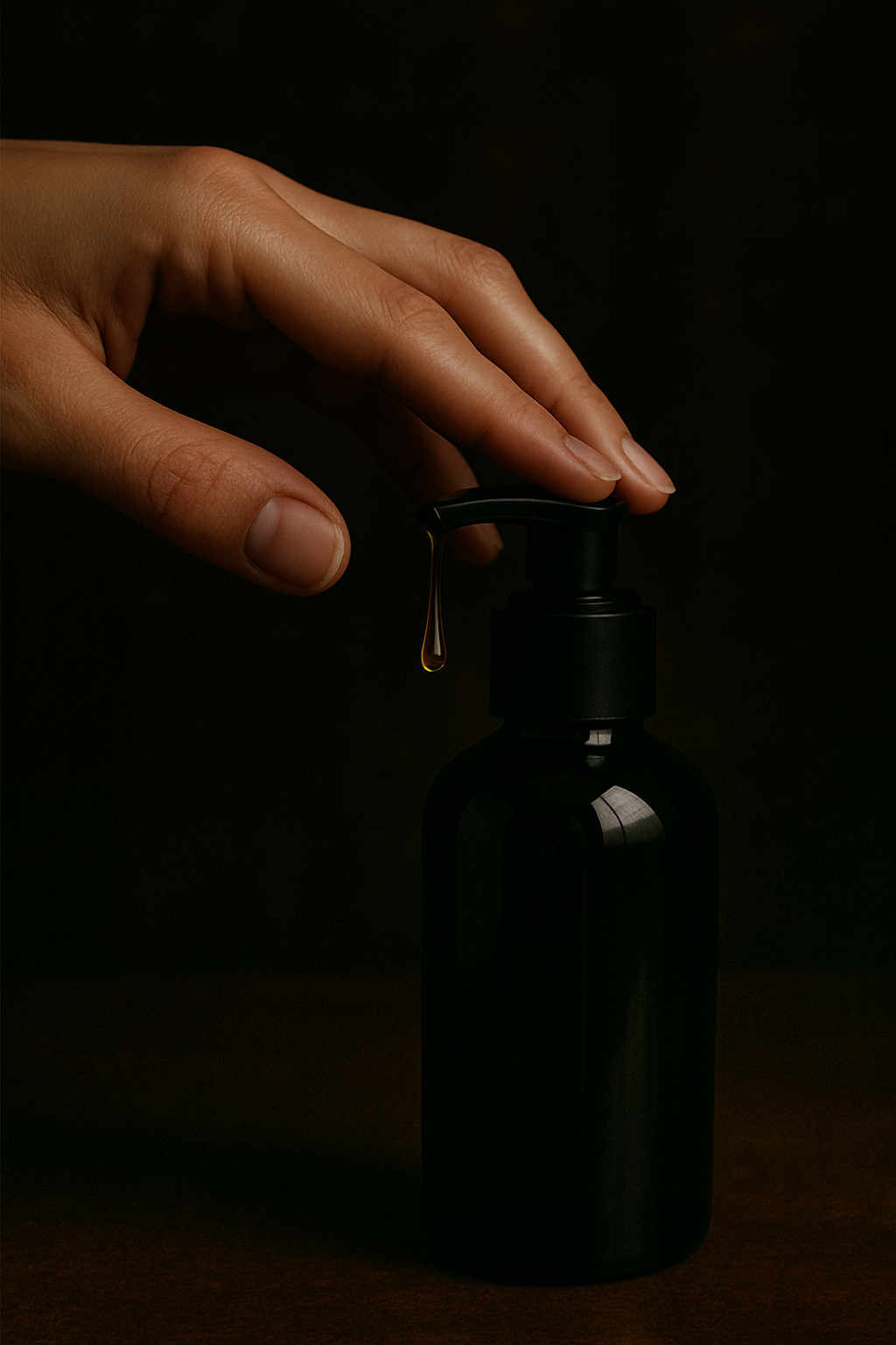 A hand with neatly trimmed nails pressing a black pump dispenser on a dark bottle, with a drop of liquid about to fall.