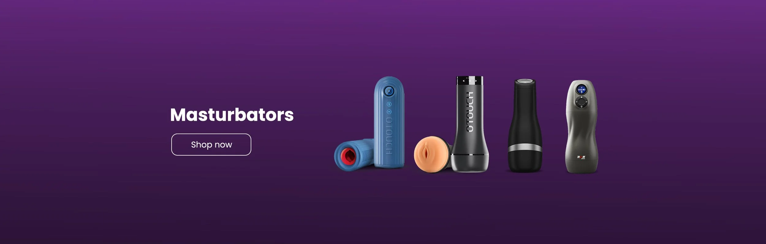 A collection of various male masturbation devices on a purple background with the text 'Masturbators' and a 'Shop now' button.