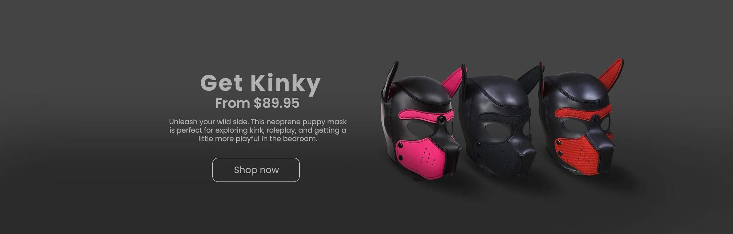 Advertisement for neonate puppy masks shaped like animal heads, priced from $89.95, with pink, black, and red color options, featuring a button labeled 'Shop now'.