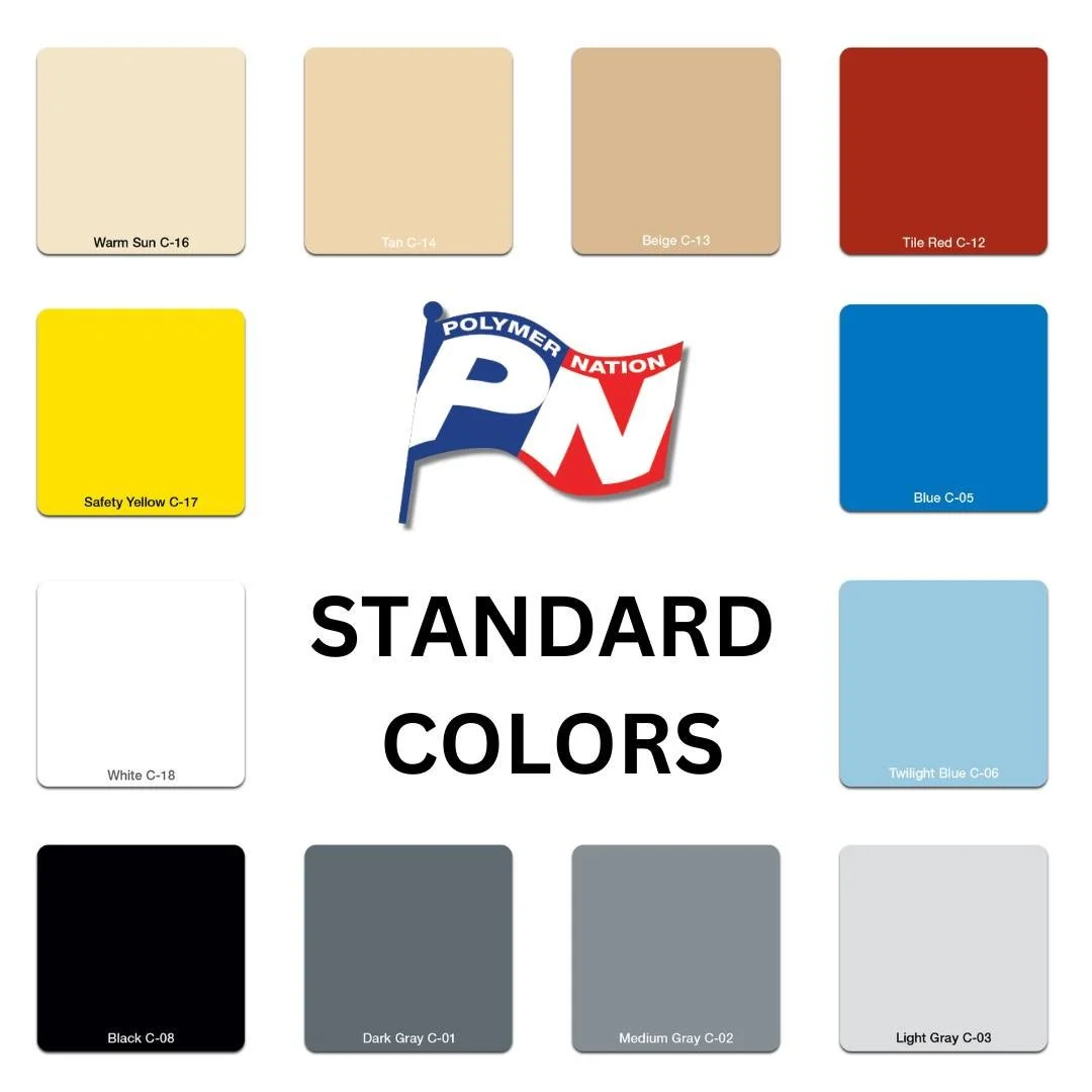 A color chart featuring standard paint colors including Warm Sun, Tan, Beige, Tile Red, Safety Yellow, Blue, White, Twilight Blue, Black, Dark Gray, Medium Gray, and Light Gray, with a Polymer Nation logo at the center.