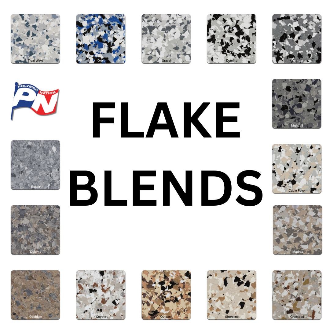 Various types of decorative flake blends arranged around the words 'FLAKE BLENDS' in the center, with a POLYMER NATION logo in the top left corner.