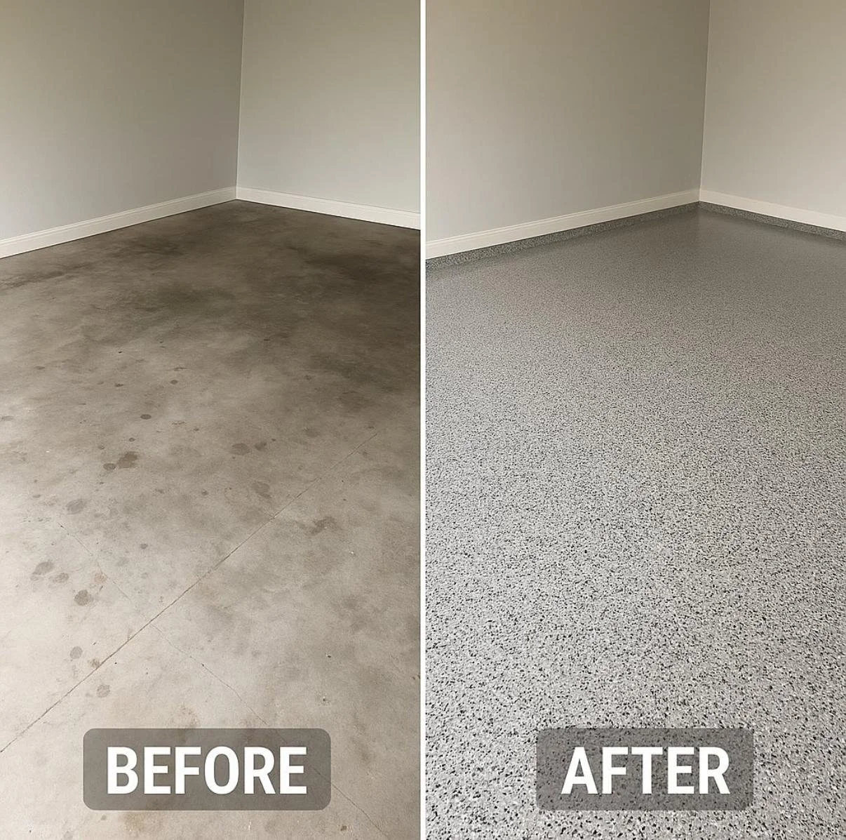 Side-by-side comparison of a concrete floor before and after cleaning or refinishing. The left side shows a stained, dirty floor, while the right side shows a cleaner, new-looking speckled light gray floor.