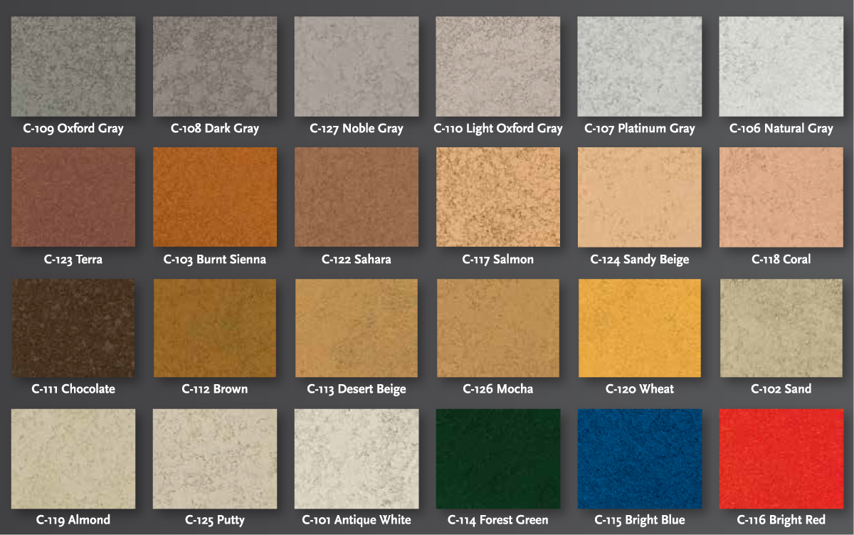 Sample palette of 25 different paint colors with their names and codes, including shades of gray, brown, beige, green, blue, and red.