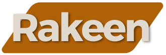 Rakeen logo with bold white text on a brown background