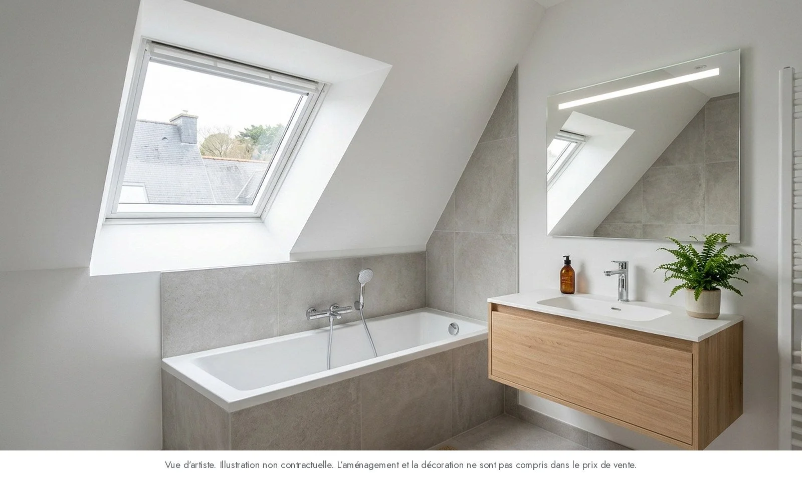 Salle de bains avec baignoire sous rampants, appartement neuf T4 duplex à Pordic