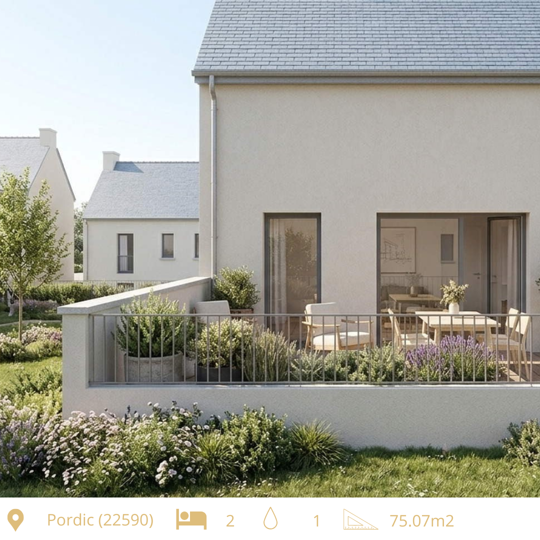 Appartement T3 neuf, 75 m², Pordic. Rez-de-chaussée, terrasse 19 m² sud-est, cuisine équipée, deux stationnements inclus. 299 500 € TTC.