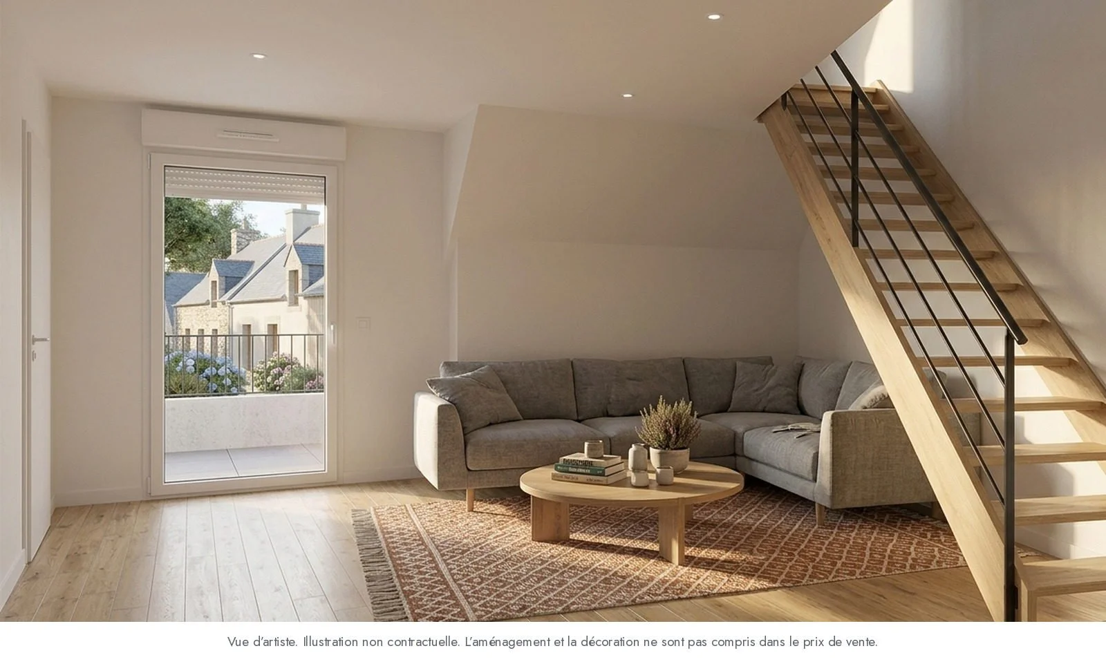Séjour et escalier bois d'un appartement neuf T4 duplex à Pordic