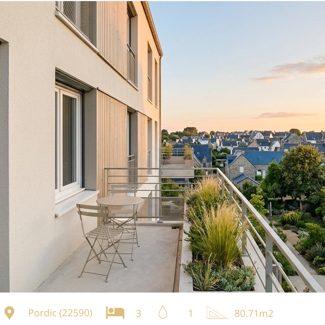 Appartement T4 duplex neuf, 80,71 m². Trois chambres à l'étage, balcon, deux stationnements inclus. | PORDIC (22590). 299 500 € TTC.