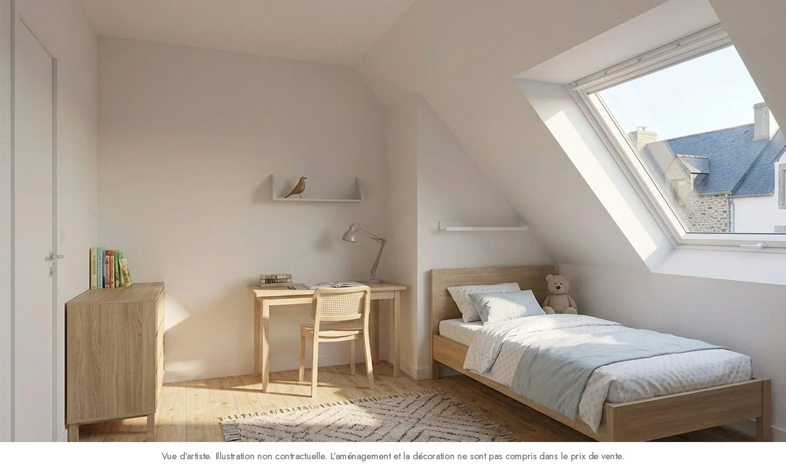 Chambre sous rampants d'un appartement neuf T4 duplex à Pordic