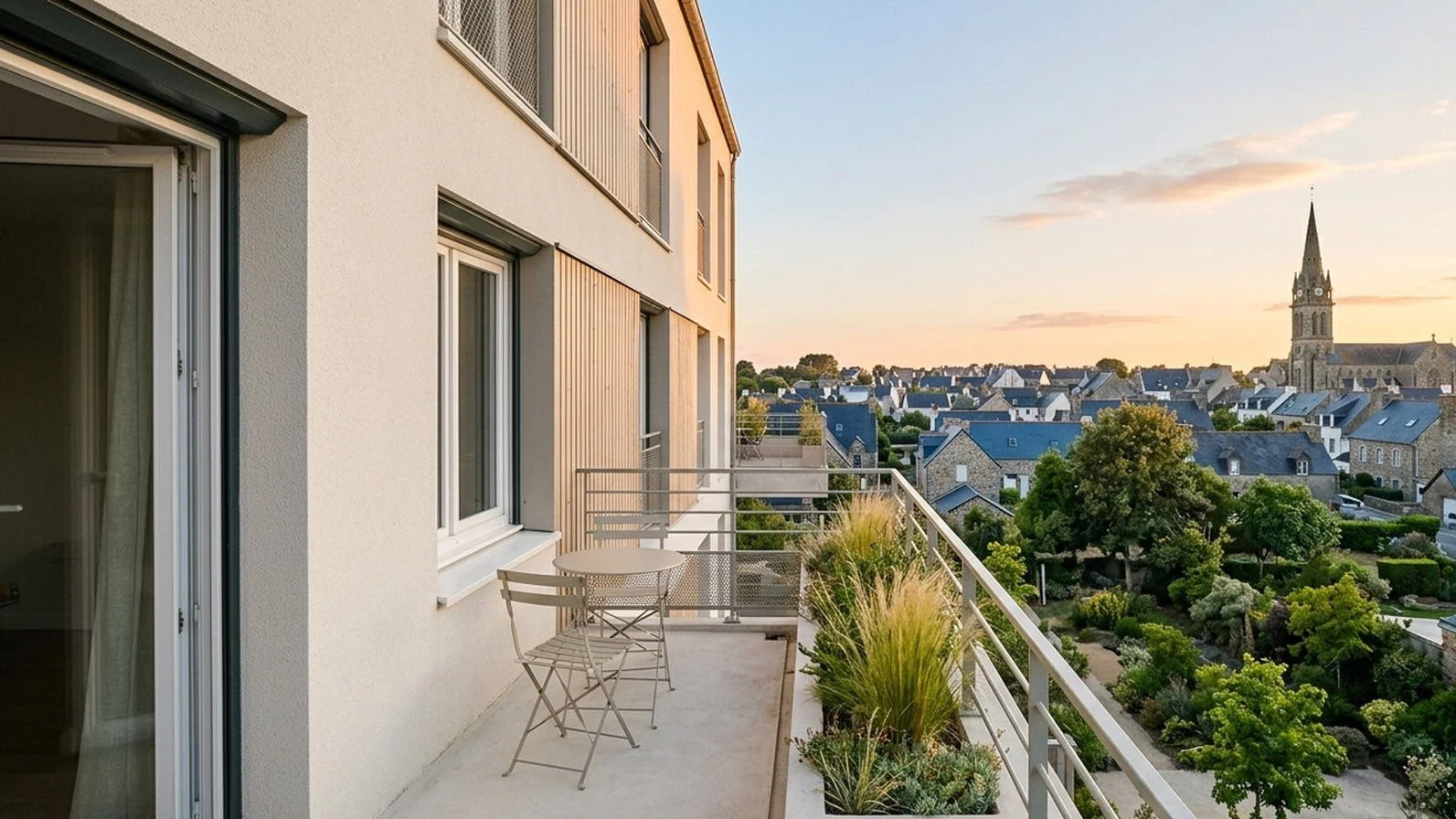 Balcon d'un appartement neuf T4 duplex à Pordic, vue sur les toits du bourg et le clocher