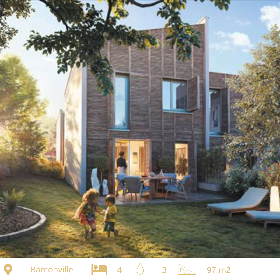 Maison T5, 97 m², Ramonville-Saint-Agne. 10 min à pied du métro B, deux jardins, terrasse couverte, deux parkings inclus. 374 000 € TTC.