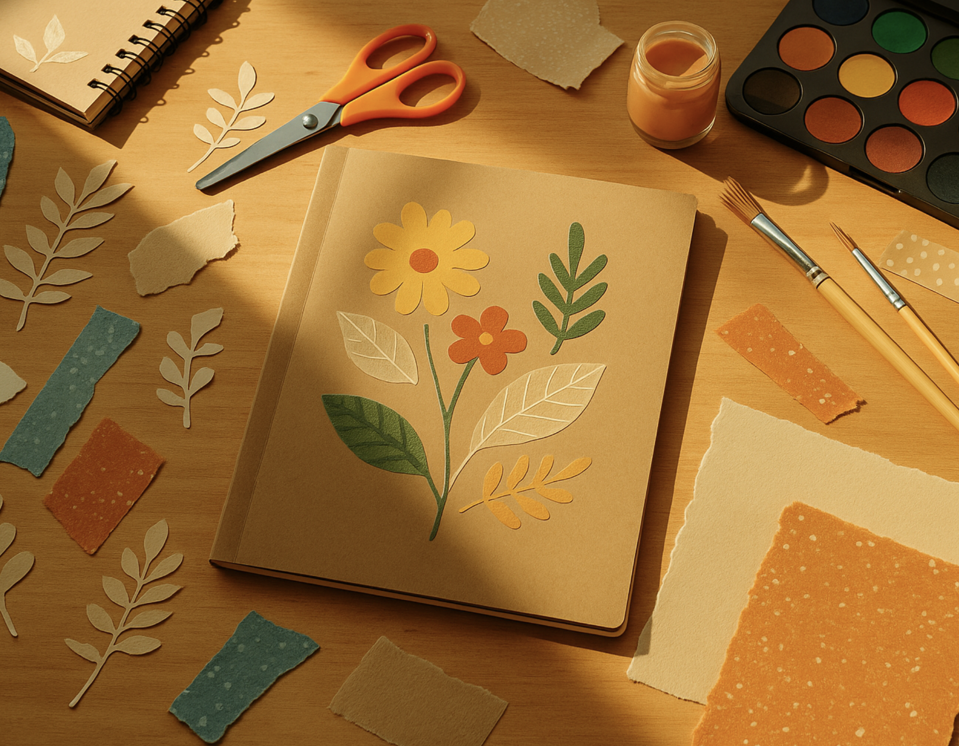A journal with a floral illustration and various art supplies including scissors, paintbrushes, watercolor palette, and torn paper scattered on a wooden table.
