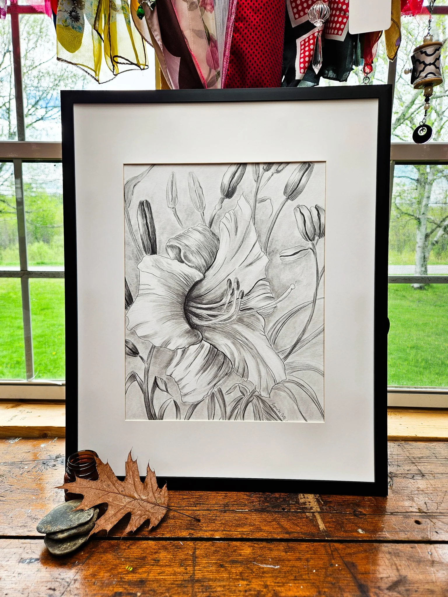 Black and white pencil drawn daylily in full bloom surrounded by buds. Shown in black frame.