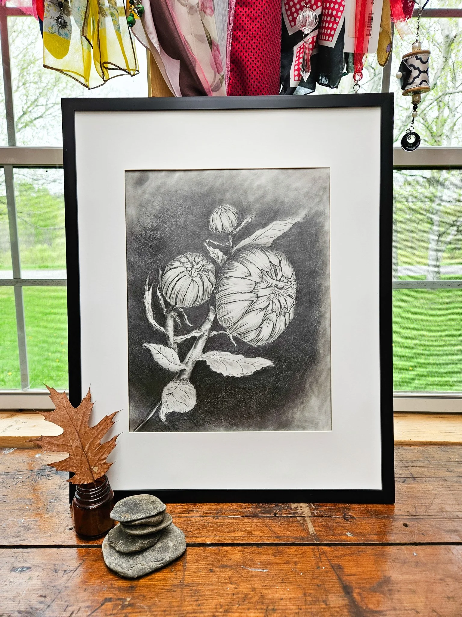 Original black and white drawing, Daisies from bud to blossom set of three, Drawing number 1, buds. by Lynn M Cote, Birch Haven Art Studio