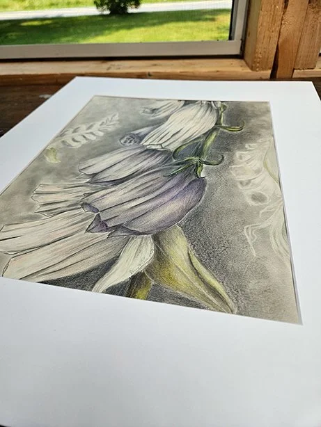 original black and white pencil drawing, Subtleties of Foxglove by Lynn M Cote, Birch Haven Art Studio