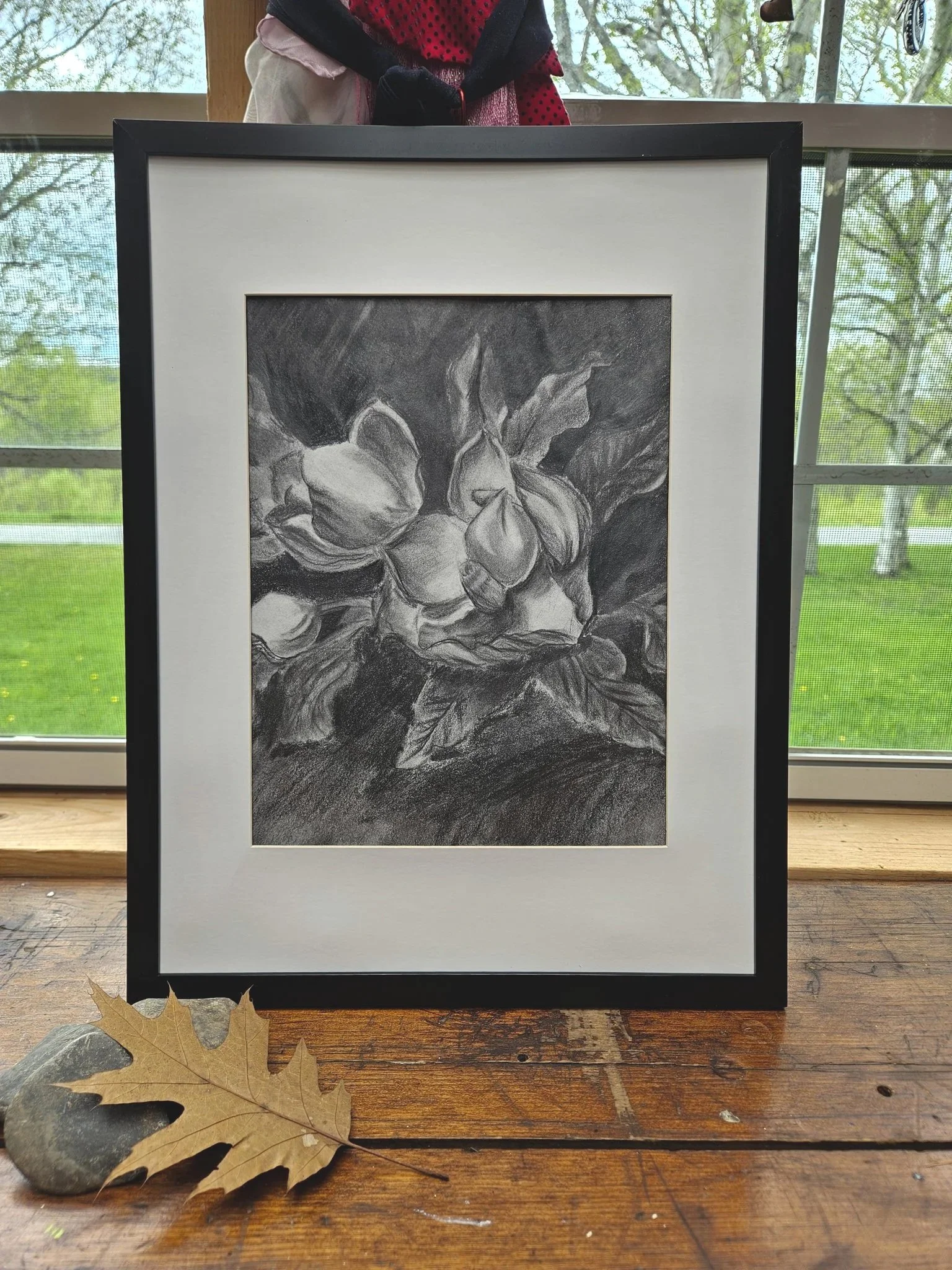 Original art. Pencil Drawing. Magnolias shown in black frame by Lynn M Cote, Birch Haven Art Studio.