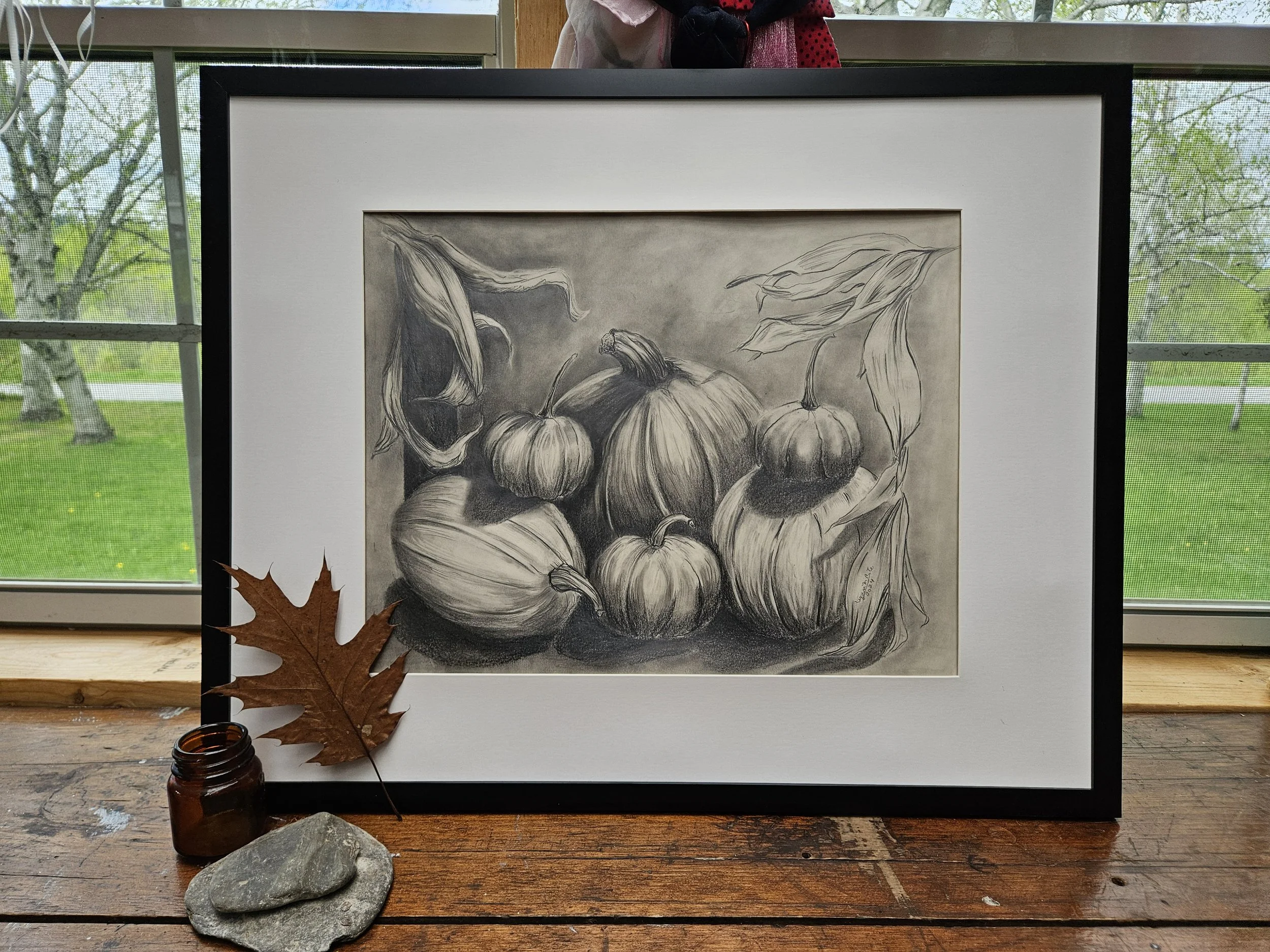 Original graphite drawing, Abundant Pumpkin Harvest shown in black frame, by Lynn M Cote, Birch Haven Art Studio