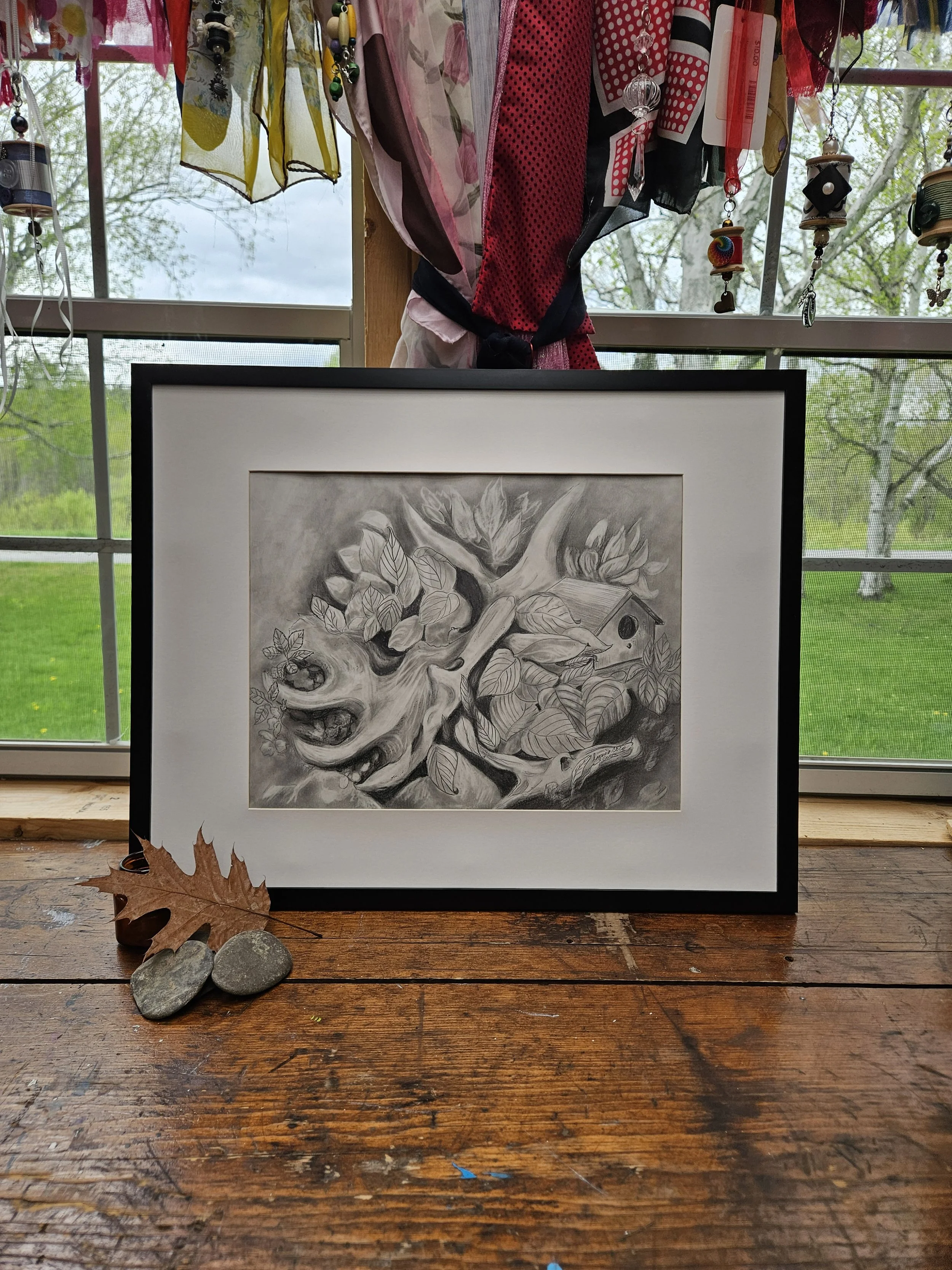 Original pencil drawing, moose antler and birdhouse shown in black frame by Lynn M Cote, Birch Haven Studio
