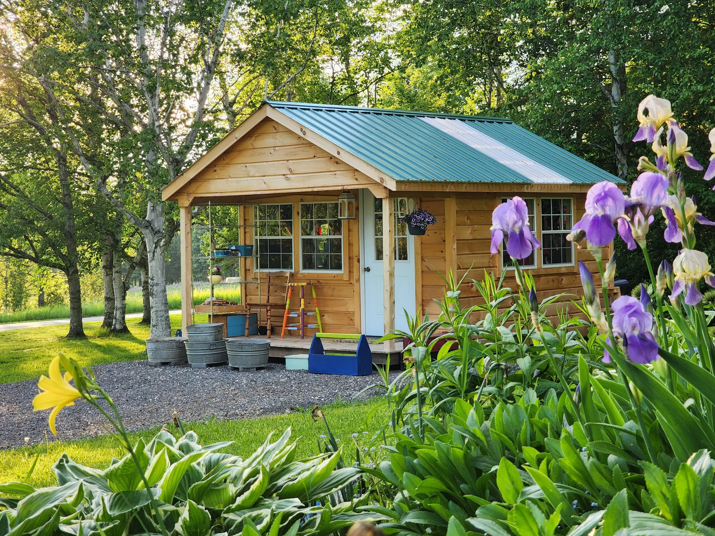A small wooden garden shed with a green metal roof, surrounded by greenery and purple lily flowers in the foreground, and trees in the background.
