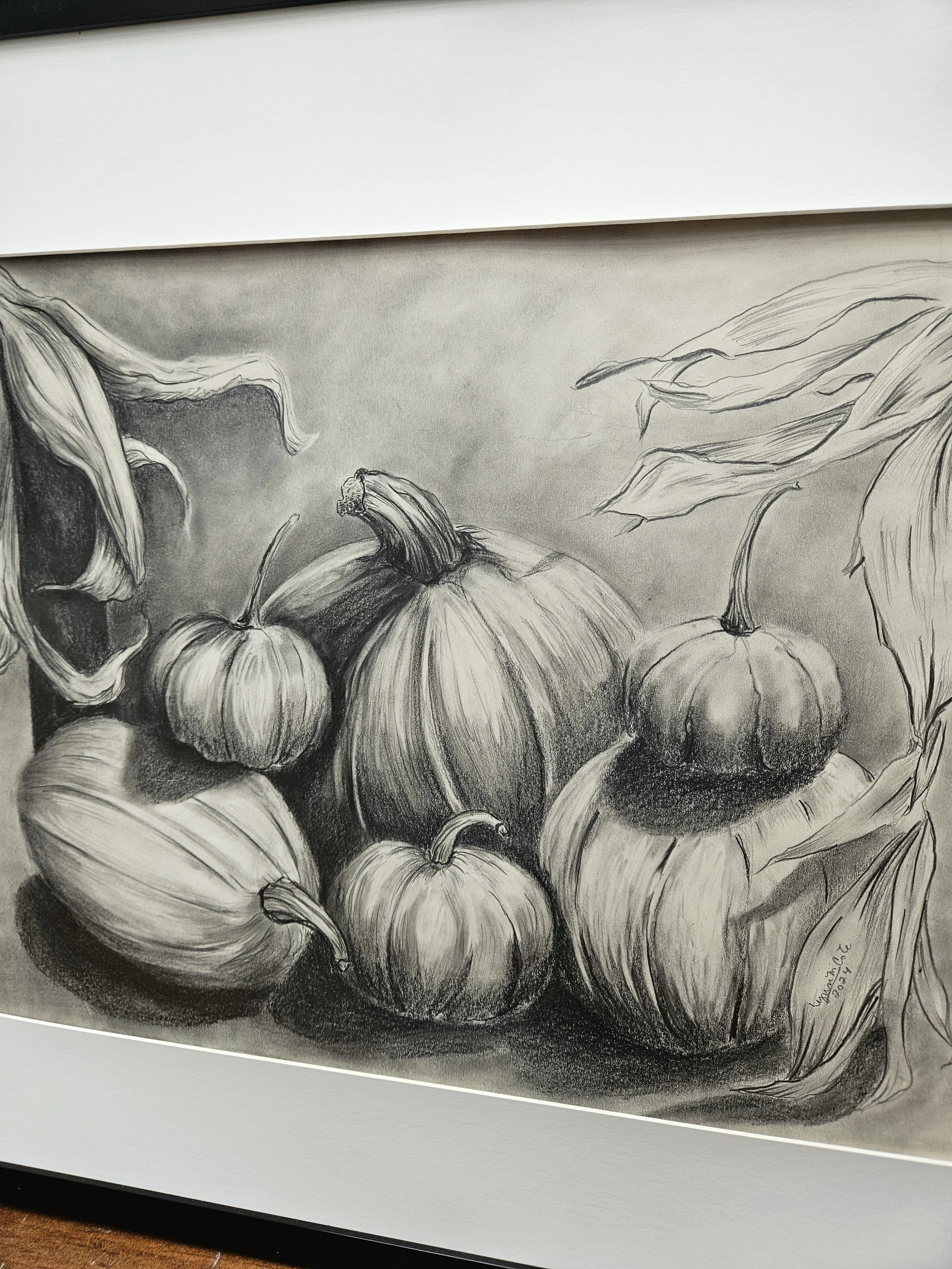 Original graphite drawing, Abundant Pumpkin Harvest detail, by Lynn M Cote, Birch Haven Art Studio