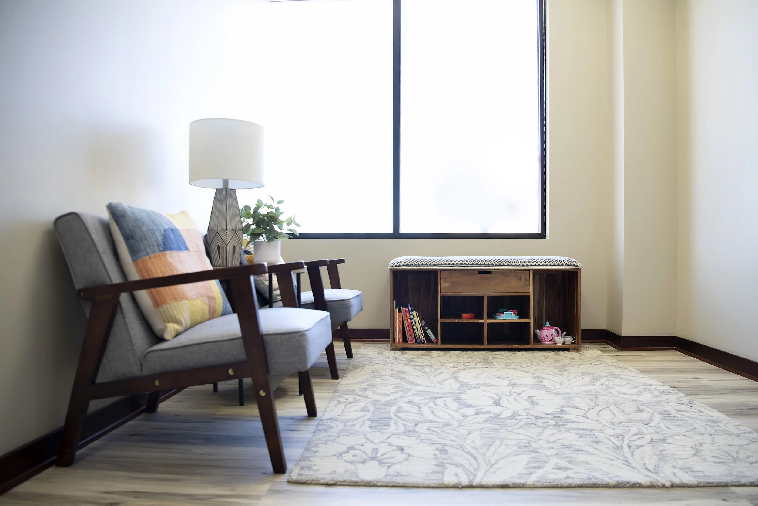 small waiting room with a gray sofa, colorful cushions, a white table lamp, a houseplant, a wooden cabinet with books and children's toys, large window, and a patterned rug on light wood flooring.