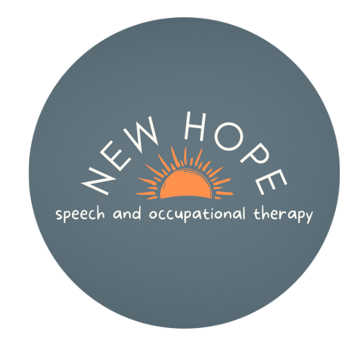 Logo featuring a sunrise with text 'New Hope' and 'speech and occupational therapy' on a dark gray circular background.