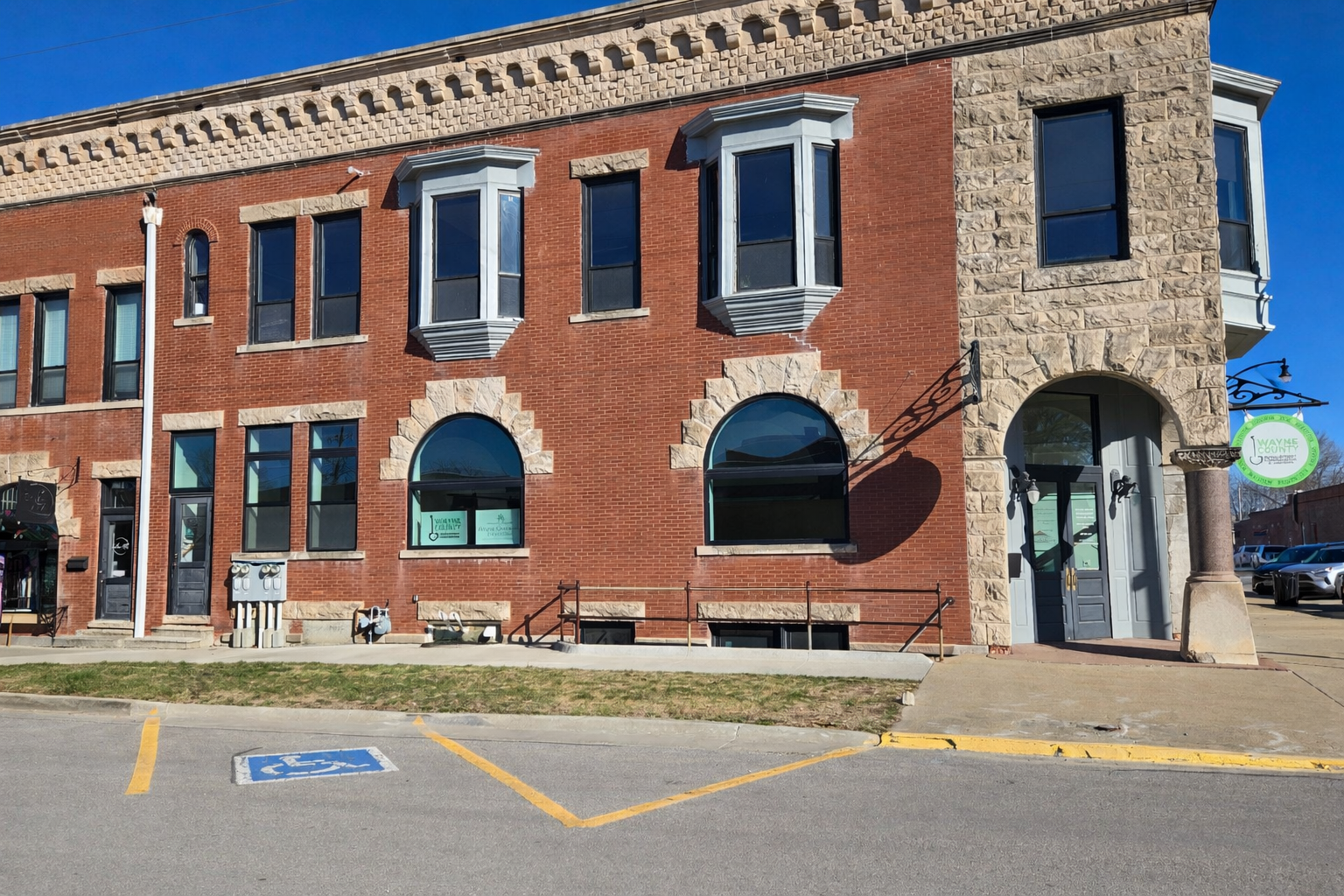 Outside of Corydon office, corner office, brick