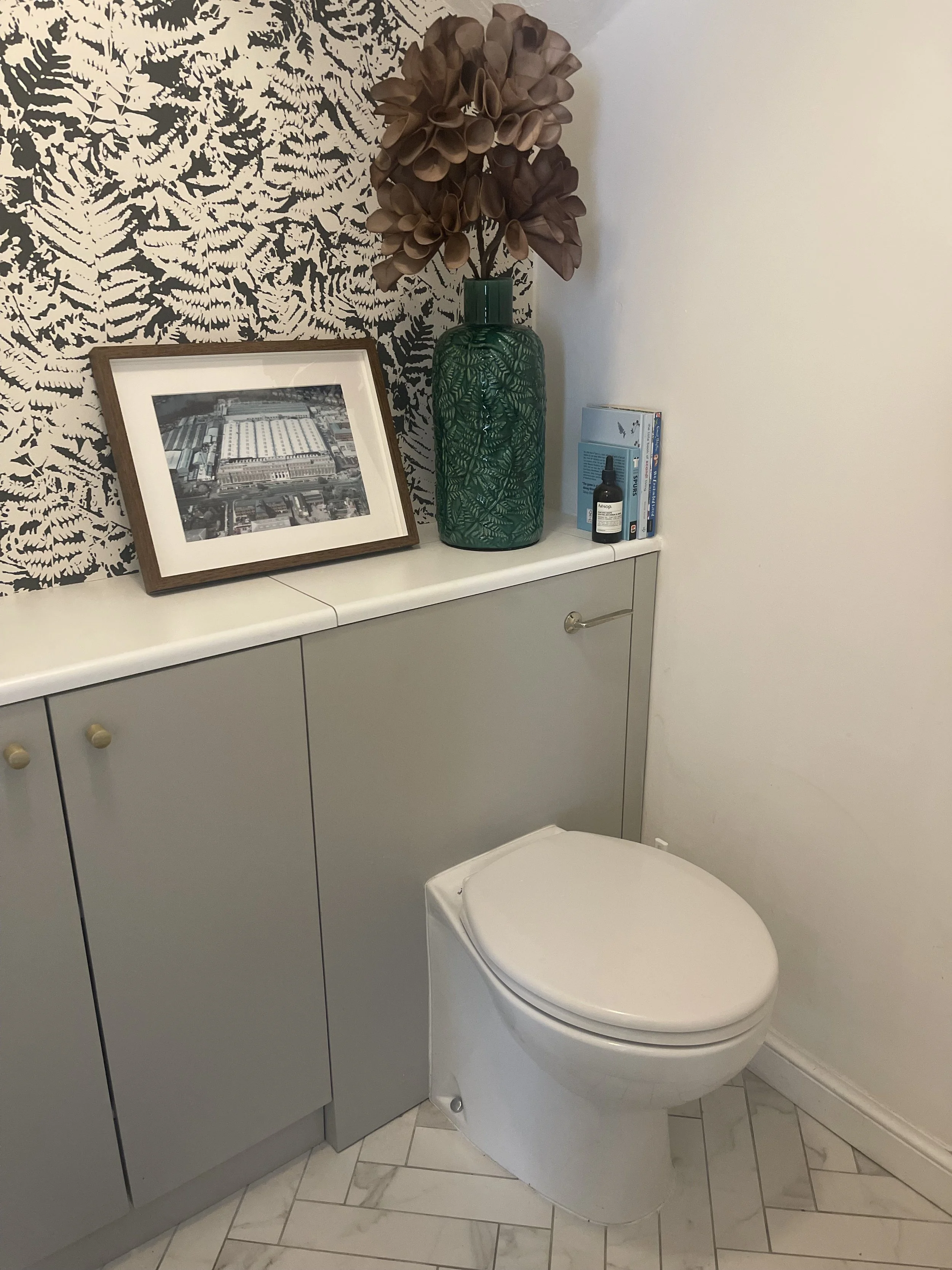 A Bold Little Loo with Graham & Green Wallpaper & Herringbone Tiles