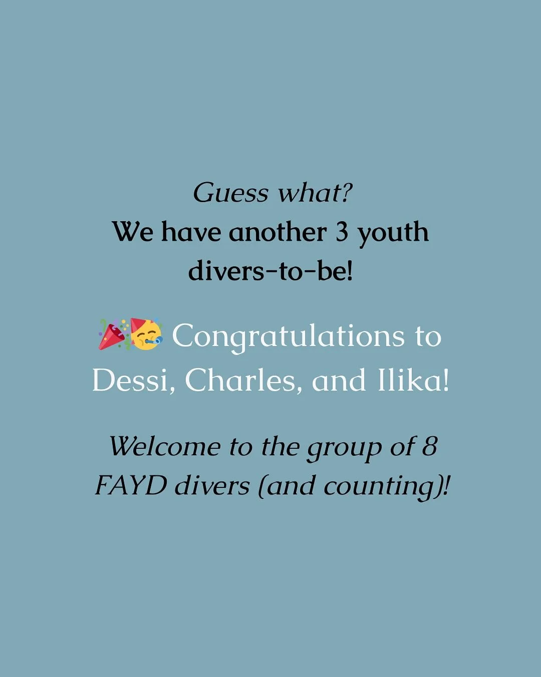 Guess what? BIG NEWS ๐ฐ๐ข: another 3 youths have been selected for our Fund A Youth Diver programme! ๐คฟ๐คฉ Congratulations to Dessi, Charles, and Ilika — we hope you’re excited for your journey to become certified @paditv PADI OW divers! ?