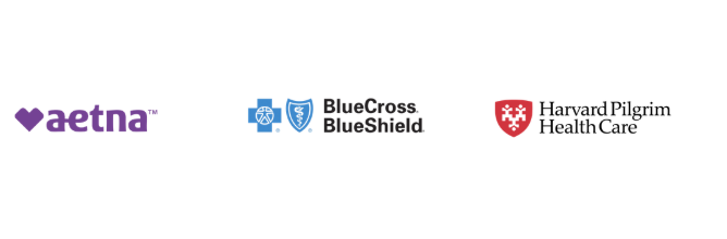 Logos of Aetna, Blue Cross Blue Shield, and Harvard Pilgrim Health Care displayed on a white background.