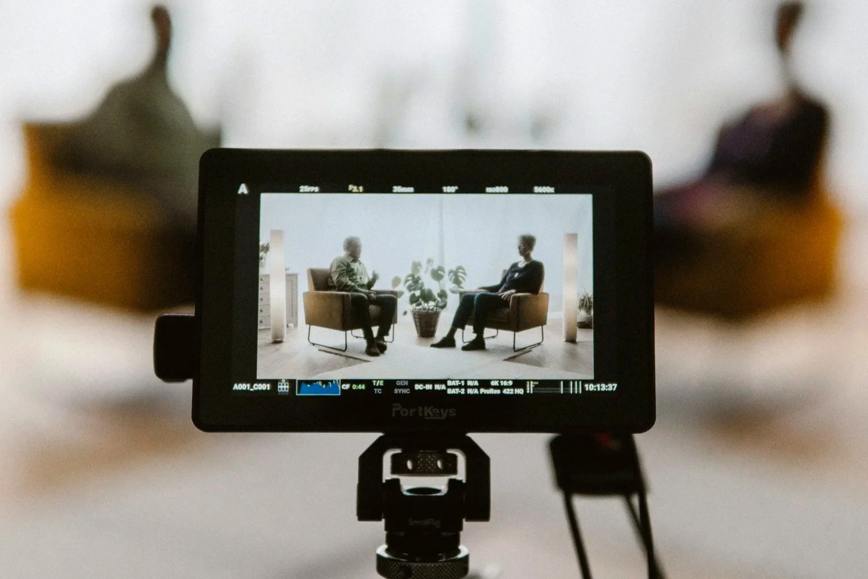 A camera monitor captures a scene of two people sitting in armchairs facing each other with a potted plant between them, during a video interview or conversation.
