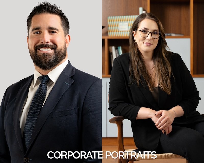 A split image of a smiling man in a suit and a confident woman sitting in an office setting, with the text 'Corporate Portraits' beneath them.