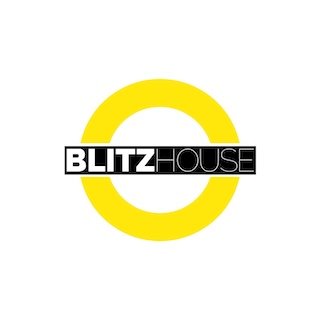 Logo for Blitz House featuring a yellow circle and black-and-white text