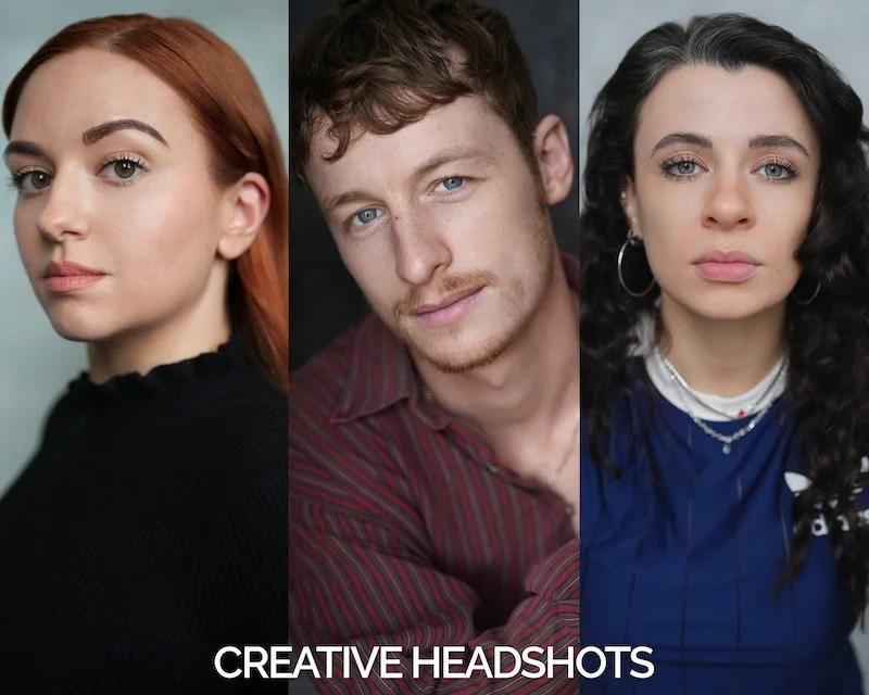 Three diverse young adults with different hairstyles and expressions, labeled 'Creative Headshots'.